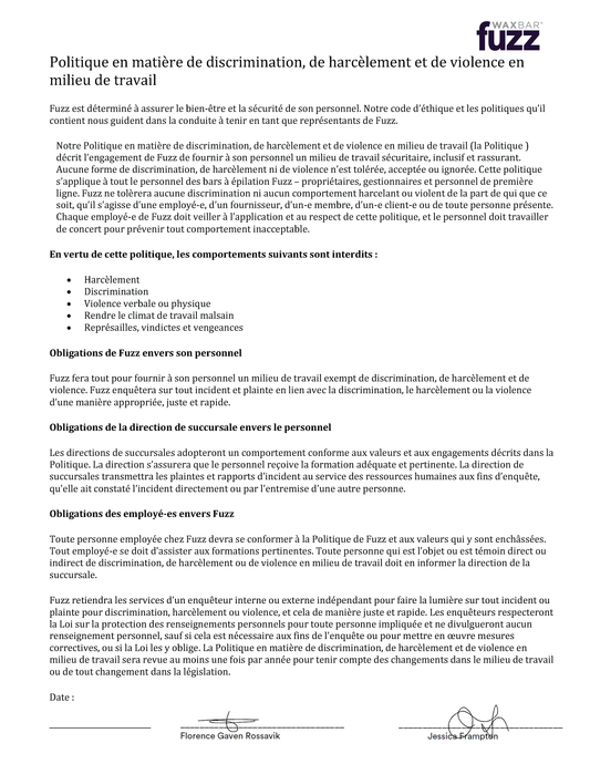 IMPRIMER - Politique sur la discrimination, le harcèlement et la violence au travail - FRANÇAIS - CORPORATIF SEULEMENT